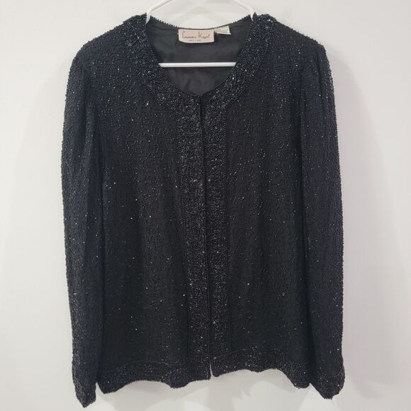 Laurence Kazar Jackets & Blazers - Laurence Kazar Womens Silk Beaded Jacket Size Petite Large Black Hook And Eye